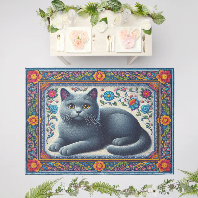 Realistic Russian blue Cat Colorful Floral Border Outdoor Rug | Zazzle