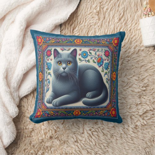 Realistic Russian blue Cat Colorful Floral Border Throw Pillow