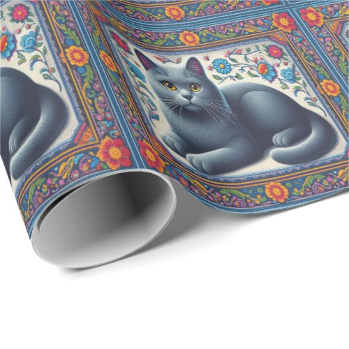 Realistic Russian blue Cat Colorful Floral Border Wrapping Paper