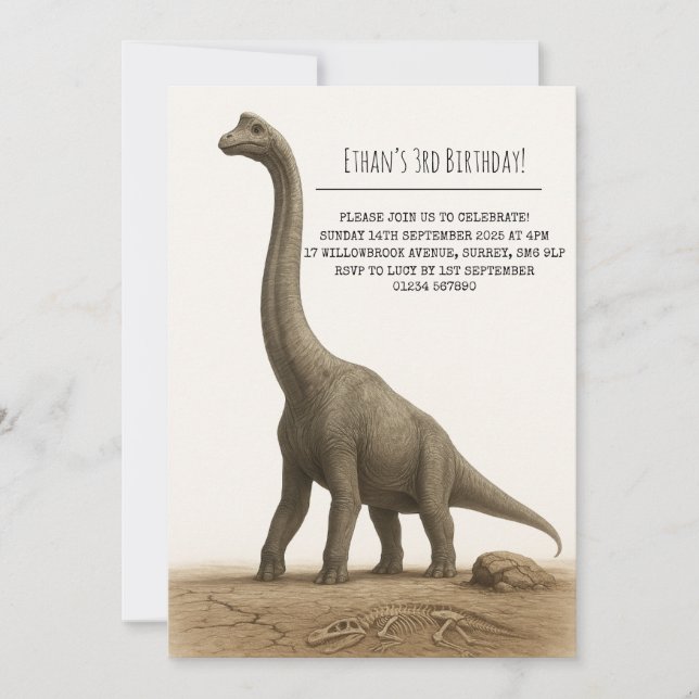 Realistic Sauropod Dinosaur with Fossils Birthday Invitation (Front)