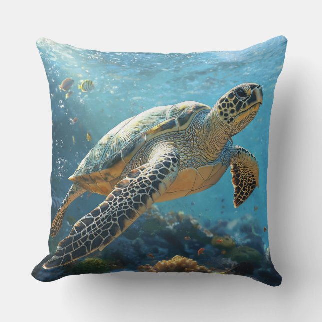 Realistic sea turtle 🐢 for marine decor throw pillow (Front)