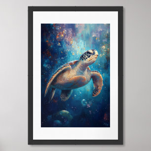 Realistic Sea Turtle in Vibrant Ocean Painting Framed Art