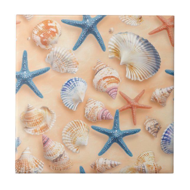 Realistic Seashell Starfish Peach Sand Beach Ceramic Tile (Front)