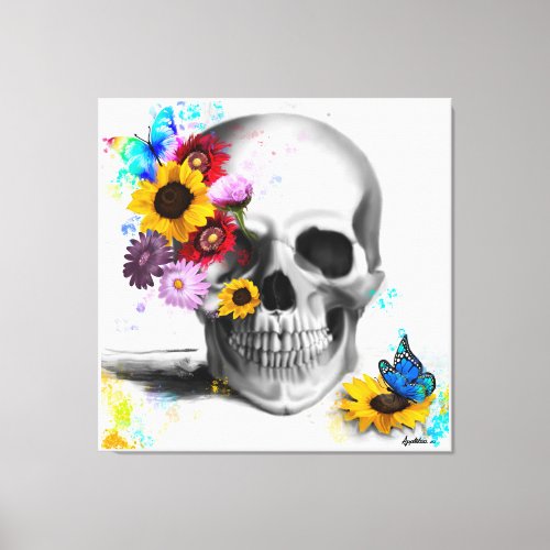 Realistic skull with colorful flowers butterflies canvas print
