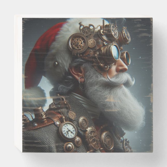 Realistic Steampunk Santa: Industrial Elegance Wooden Box Sign (Front Horizontal)