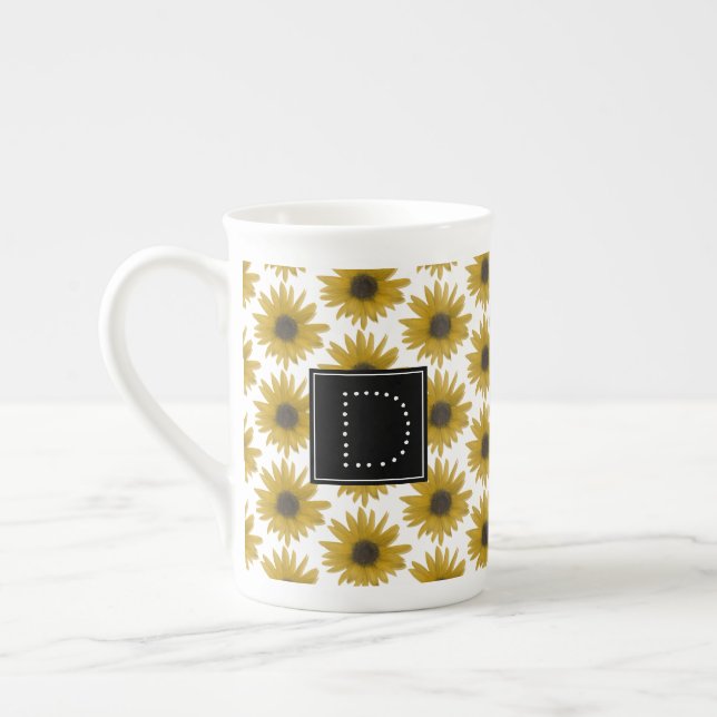 Realistic Sunflower 3D Pattern Monogram Bone China Mug (Left)