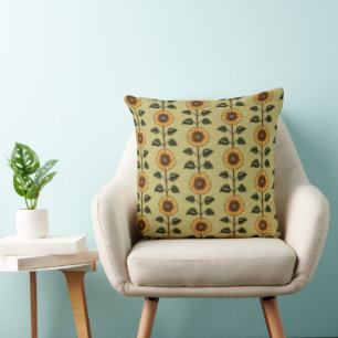 Realistic Sunflower and Grasshoppers Throw Pillow