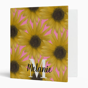 Realistic Sunflower Garden Custom Monogram Pink 3 Ring Binder