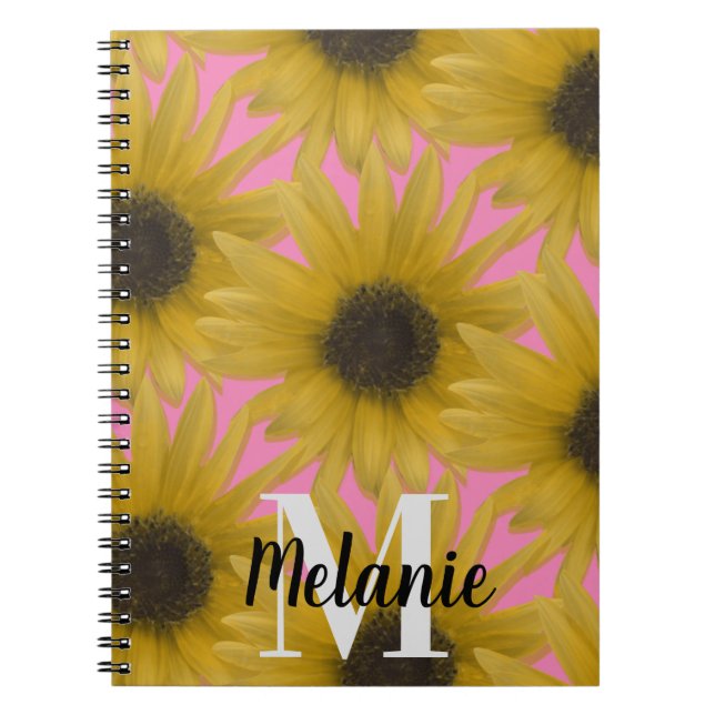 Realistic Sunflower Garden Custom Monogram Pink Notebook (Front)