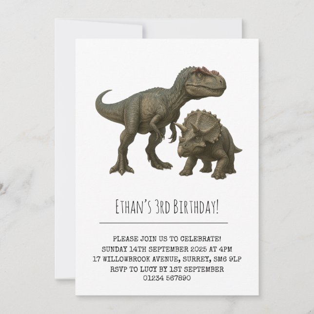 Realistic T-Rex and Triceratops Dinosaur Birthday Invitation (Front)