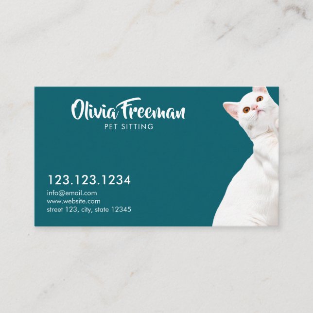 Realistic Teal & White Cat Picture Pet Sitting Business Card (Front)