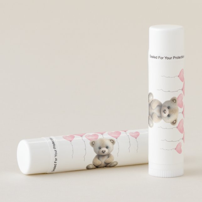 Realistic Teddy Bear Pink Balloon Girl Baby Shower Lip Balm (Front)
