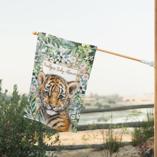 Realistic Tiger Cub Gender Neutral Baby Shower House Flag (Insitu (Back))