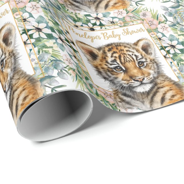 Realistic Tiger Cub Personalized Baby Shower Wrapping Paper (Roll Corner)