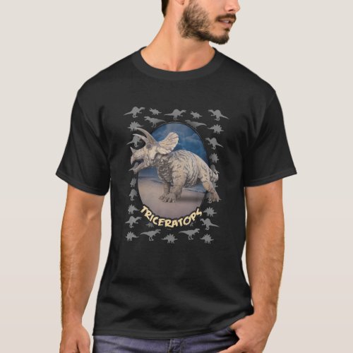Realistic Triceratops Design With Silver Dinosaur T_Shirt