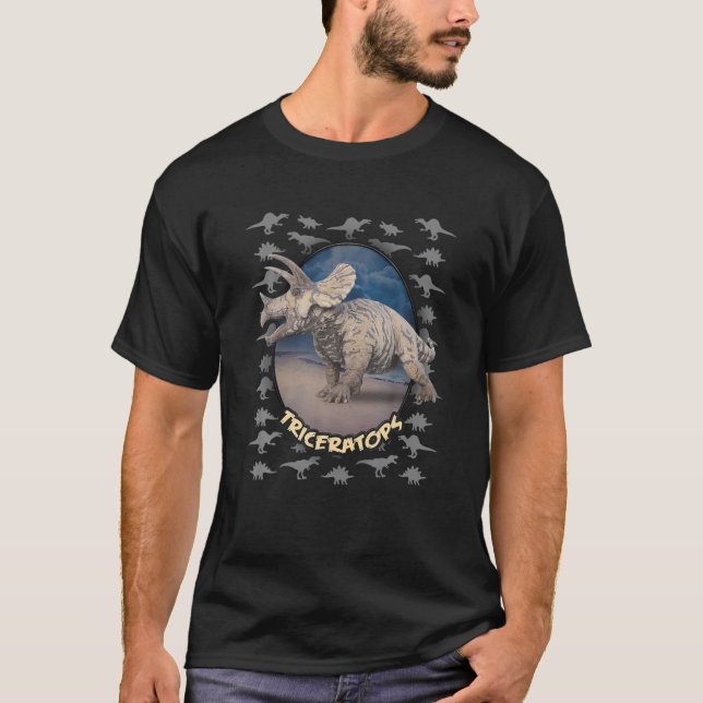 Realistic Triceratops Design With Silver Dinosaur T-Shirt (Front)