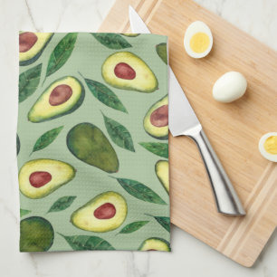 Realistic Watercolor Avocado Pattern Green Kitchen Towel