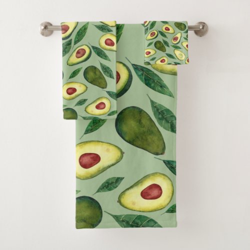 Realistic Watercolor Avocado Slices Green  Bath Towel Set