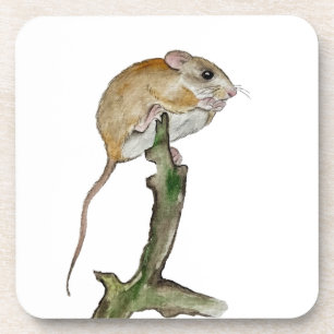 Realistic watercolor mouse in a tree beverage coaster