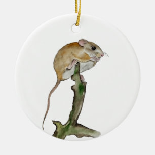 Realistic watercolor mouse in a tree ceramic ornament