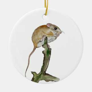Realistic watercolor mouse in a tree ceramic ornament