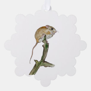 Realistic watercolor mouse in a tree ornament card