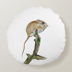 Realistic watercolor mouse in a tree round pillow