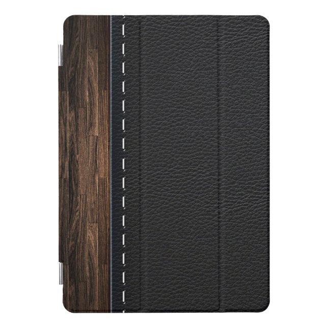 Realistic Wood and Stitched Leather Texture iPad Pro Cover (Front)