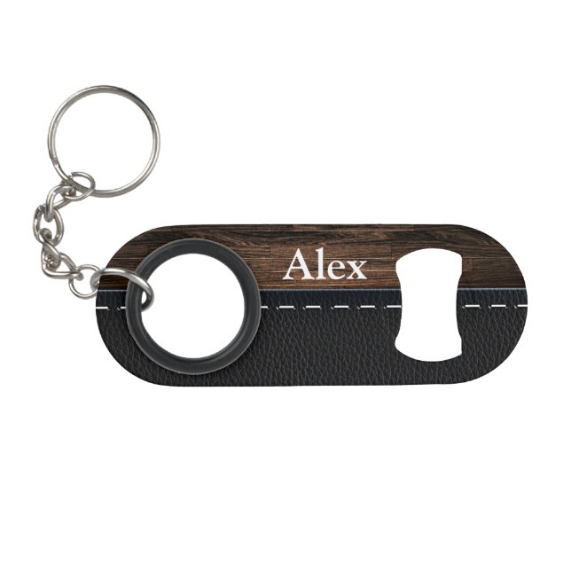 Realistic Wood and Stitched Leather Texture Keychain Bottle Opener (Front (Horizontal))