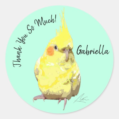 Realistic Yellow Cockatiel Bird Art Mint Thank You Classic Round Sticker