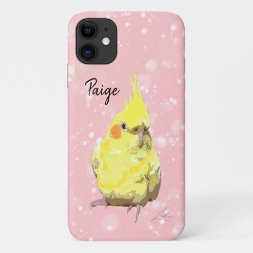 Realistic Yellow Cockatiel Bird Modern Art Pink iPhone 11 Case
