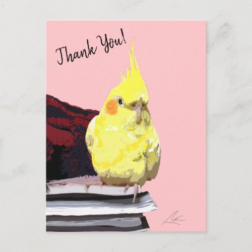 Realistic Yellow Cockatiel On Books Modern Pink Postcard