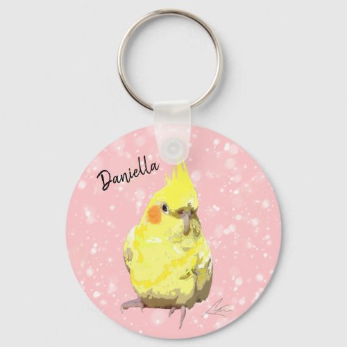 Realistic Yellow Cockatiel Painting Pink Flurries Keychain