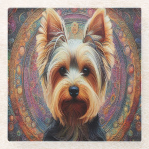 Realistic Yorkshire Terrier Dog Colorful Border Glass Coaster