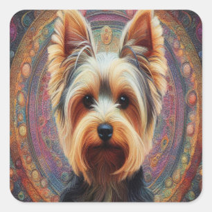 Realistic Yorkshire Terrier Dog Colorful Border Square Sticker