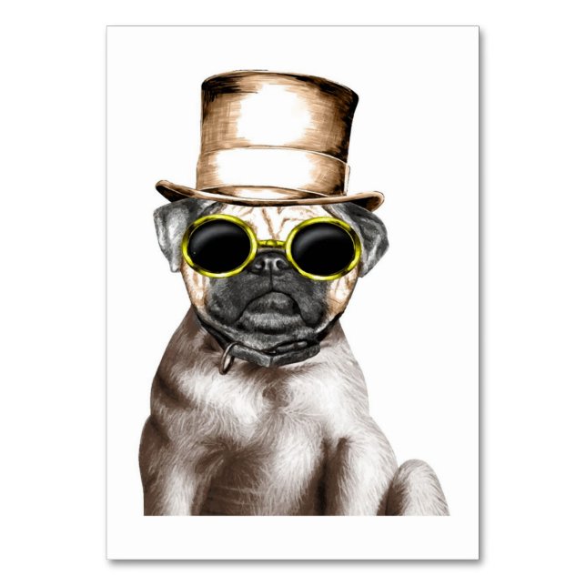 Really Cute Steam Pug With Glasses Table Number (Front)