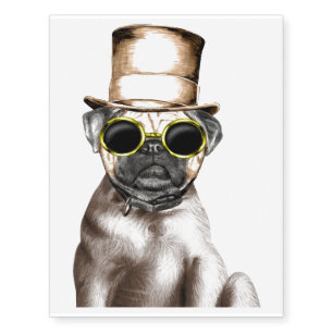 Really Cute Steam Pug With Glasses Temporary Tattoos