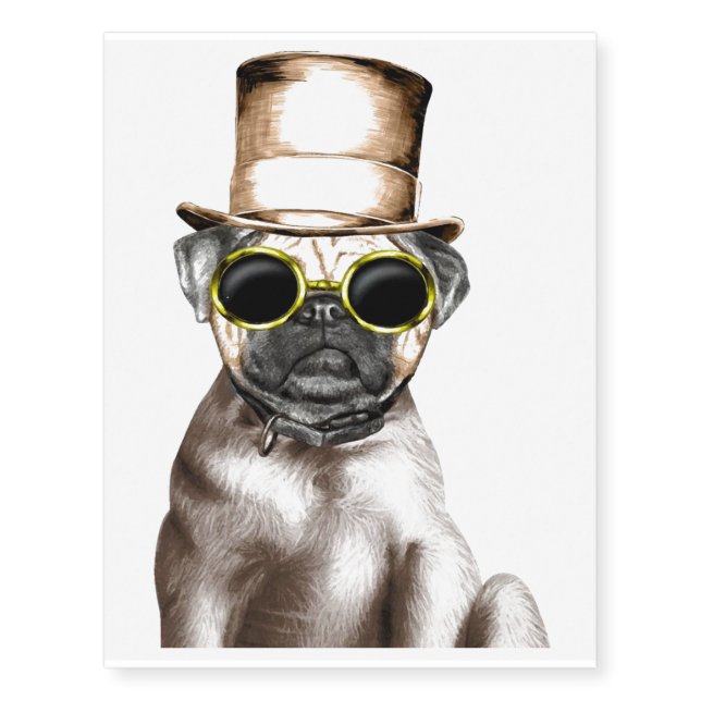 Really Cute Steam Pug With Glasses Temporary Tattoos (Front)
