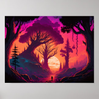 Realms Beyond: Mystical Forest Sunset Poster