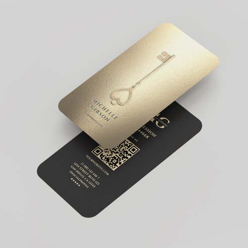 Realtor Black Gold Key Elegant Modern Monogram Business Card
