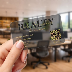 Realtor Black Transparent Real Estate Broker QR Clear Business Cards