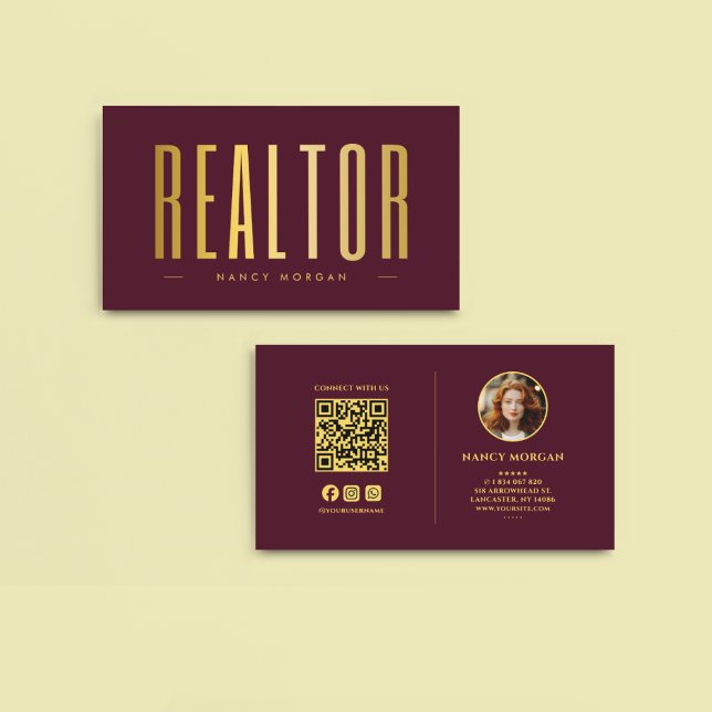 Realtor Burgundy & Gold Photo qr code Business Card (Creator Uploaded)