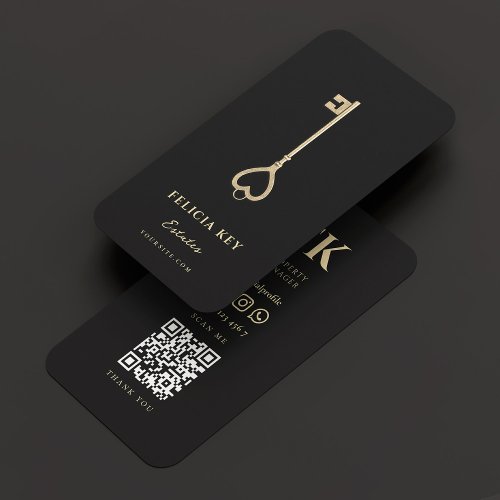 Realtor Elegant Monogram Black Gold Key Modern Business Card