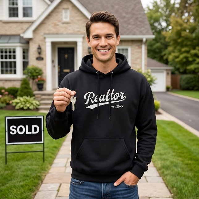 Realtor EST Year Baseball Script Typography Unisex Hoodie (Unisex black realtor hoodie with white typography baseball script and customizable established year)