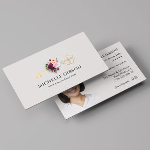 Realtor Floral Gold Key Mortgage Broker Light Grey Business Card