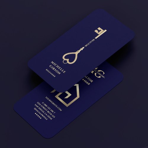 Realtor Gold Key House Modern Midnight Blue Business Card