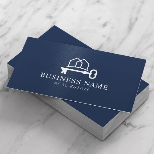 Realtor House  Key Logo Navy Blue Real Estate Business Card