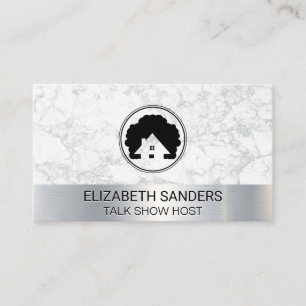Realtor House Tree Icon   White Marble   Metallic Business Card