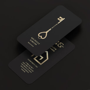 Realtor Key House Logo Modern Black Gold Business Card