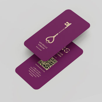 Realtor Luxury Purple Gold Key Monogram Modern Business Card by GOODSY at Zazzle